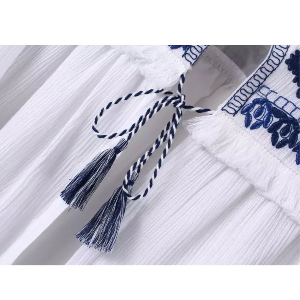 Blue embroidered cotton cape jacket with tassels - Picture 4 of 4